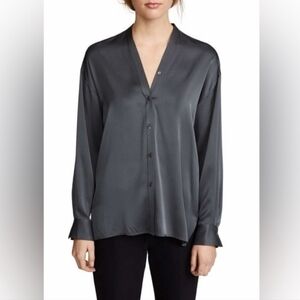 Vince Silk Blend V-neck Gray Long Sleeve Button Down Top Size Medium